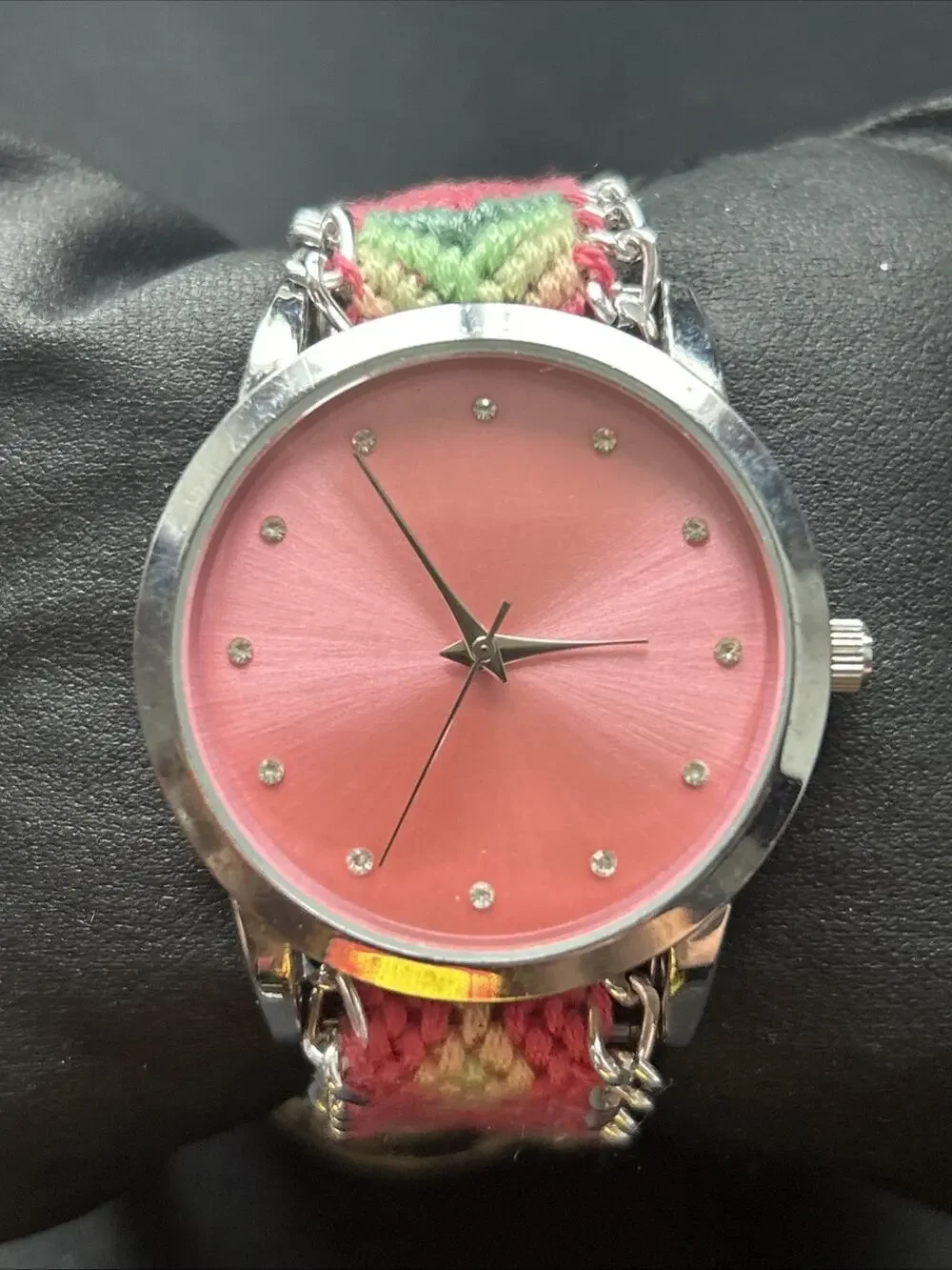 Silver Tone Pink Dial Multicolored Band Women’s Quartz Watch